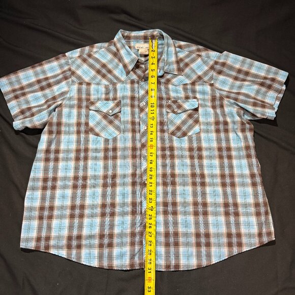 Wrangler Wrancher Men's Shirt 3X Blue/Brown Plaid Pearl Snap Short Sleeve - Picture 6 of 8